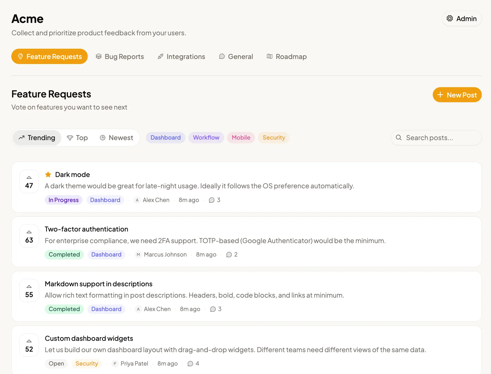 Feedback board with votes and filters